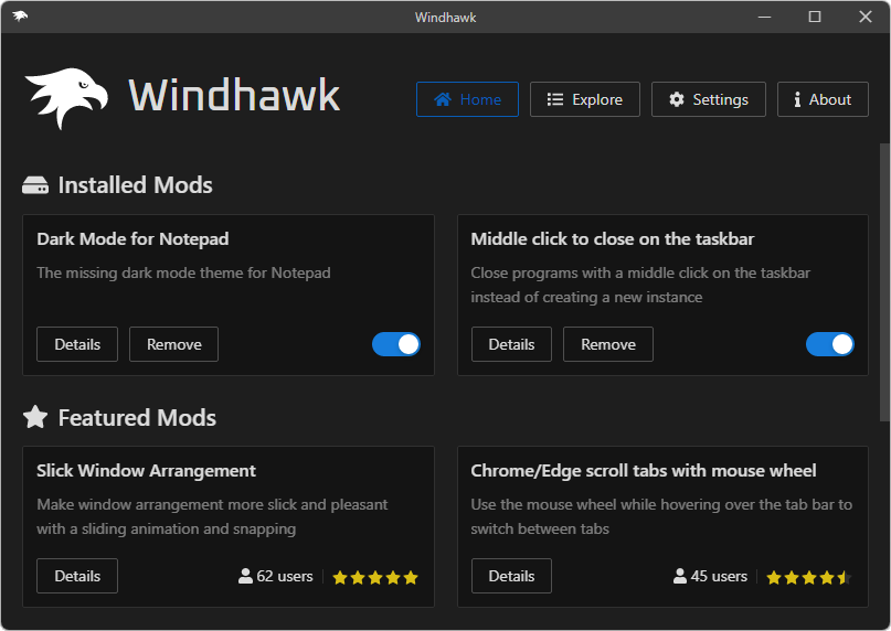 Windhawk | The customization marketplace for Windows | Current Year